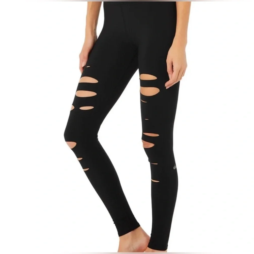 Alo Yoga‎ High Waisted Ripped Warrior Black Leggings Small